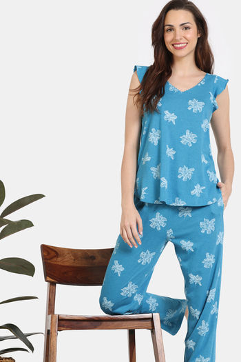 Buy Zivame Floral Fancy Knit Cotton Pyjama Set - Barrier Reef At Rs.798 ...